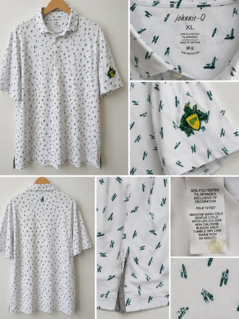 Johnnie-O Golf Polo Shirt XL White Green Print UPF 50 Stretch Performance Golf